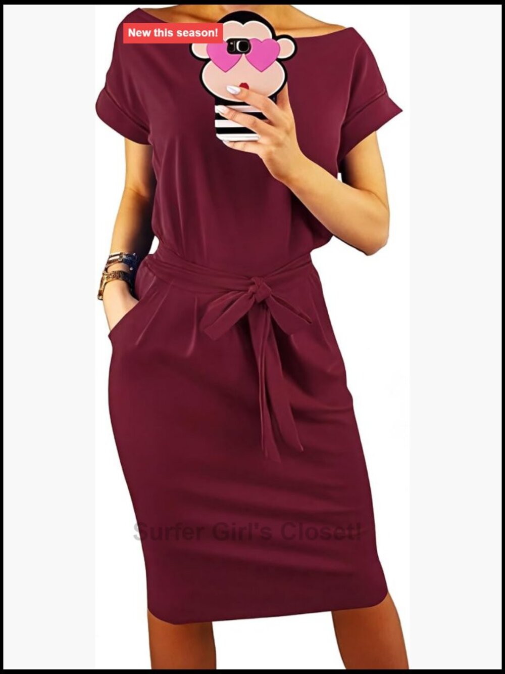 Women's Short Sleeve Crewneck Belted Midi Dress with Pockets Bodycon